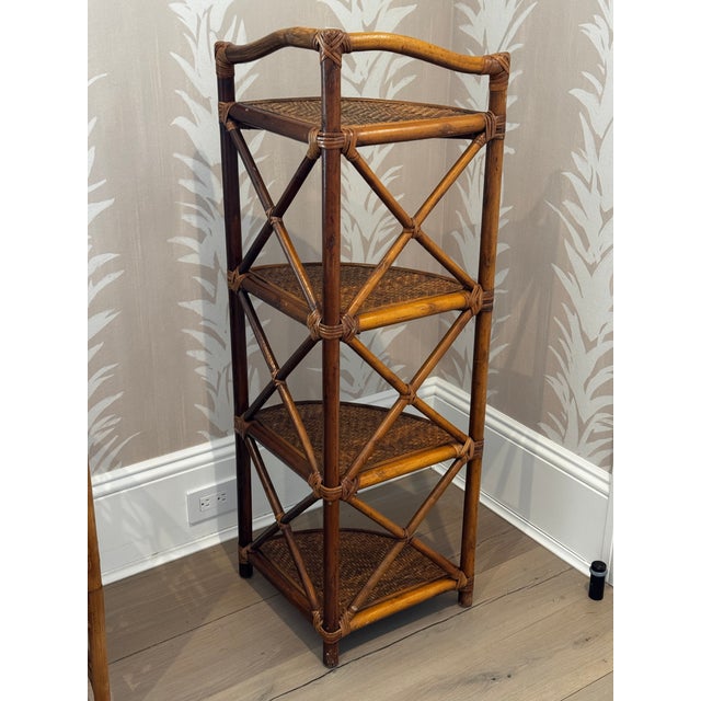 Mid 20th Century Vintage Woven Rattan and Bamboo Four-Tier Corner Shelf Unit. For Sale - Image 5 of 11
