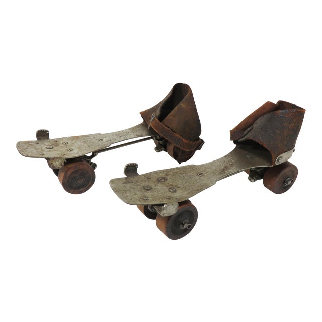 Early 1900s Antique American Wooden Wheel Roller Skates - a Pair For Sale