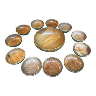 1970s Collection of Stamped Sterling Silver Pedestal Wooden Bowl With Serving Dishes - Set of 12 For Sale