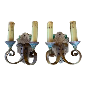 1910s Cast Iron Wall Sconces With Paints - a Pair