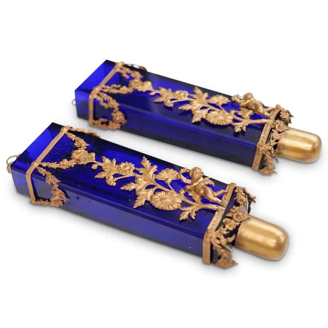 Pair Antique 19th Century French Cobalt Glass and Gilt Bronze Wall Sconces For Sale - Image 9 of 13