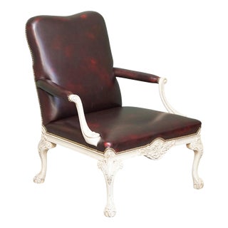 Vintage French Louis XV Style Oxblood Leather Armchair with Painted Frame For Sale