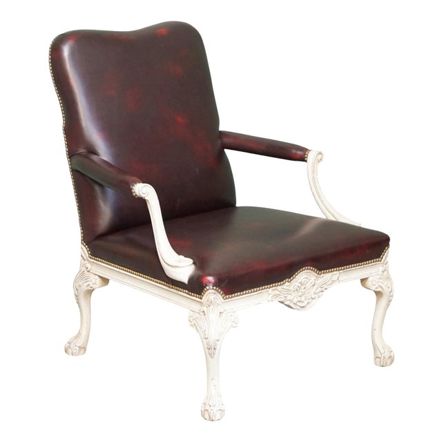 Vintage French Louis XV Style Oxblood Leather Armchair with Painted Frame For Sale