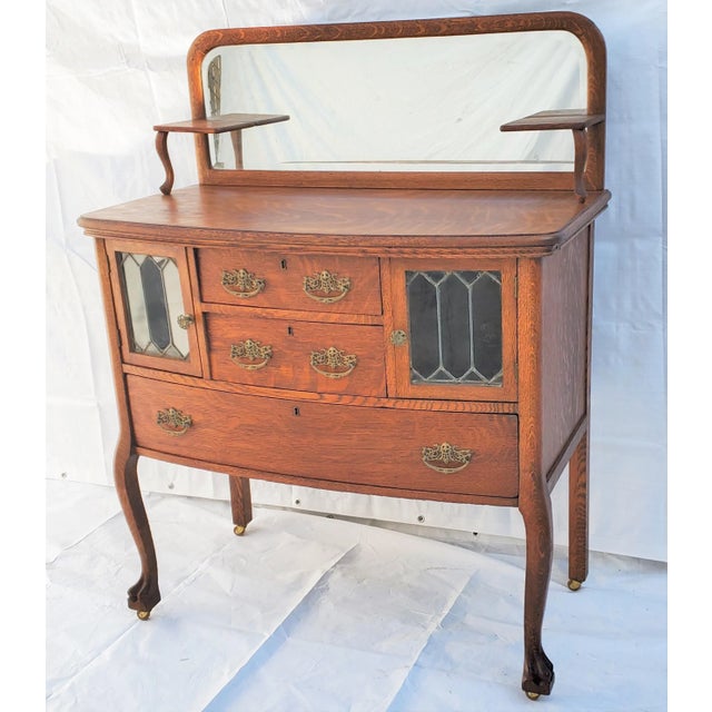Victorian Tiger Oak Server Sideboard With Leaded Glass Doors & Claw