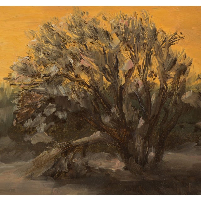 Contemporary Winter Twilight by Michael DeVore | Oil on board Landscape with a tree at sunset. For Sale - Image 3 of 3
