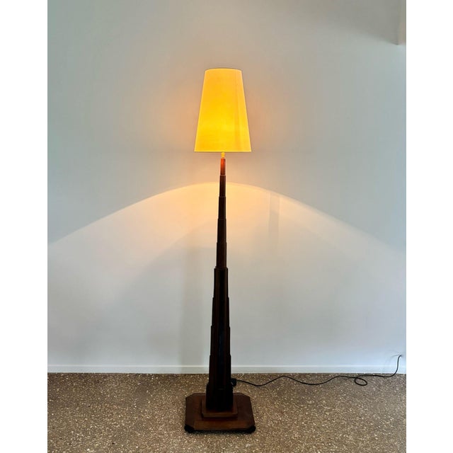 Beautiful, Dutch Art Deco, Amsterdamse School floorlamp, The Netherlands 1930s. Sculptural designed base in solid oak with...