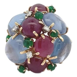 Vintage Diamonds & Sapphire Ruby Emerald 13k Yellow Gold Large Dome Ring For Sale