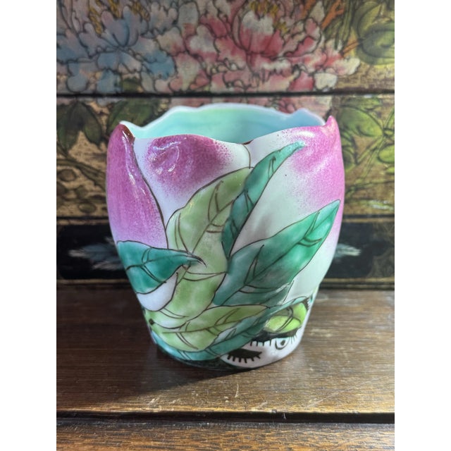 Chinese Vintage Mid-Century Chinese Famille Rose Longevity Peach Porcelain Cup or Brush Pot For Sale - Image 3 of 7