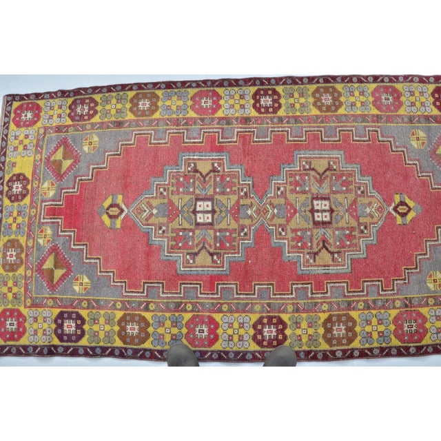 Rose 1950s Faded Rose and Dark Slate Border, Low Pile Distressed Turkish Rug For Sale - Image 8 of 10