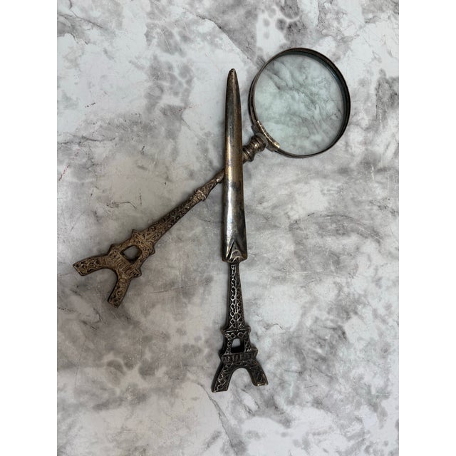 Vintage Eiffel Tower Patterned Pewter Letter Opener and Magnifying Glass, Set of Two For Sale In Sacramento - Image 6 of 10