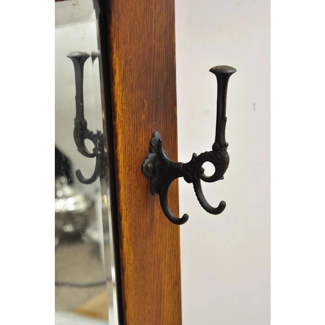 Antique Arts & Crafts Mission Oak Wood Beveled Glass Hall Mirror Iron Coat Hooks For Sale - Image 4 of 12