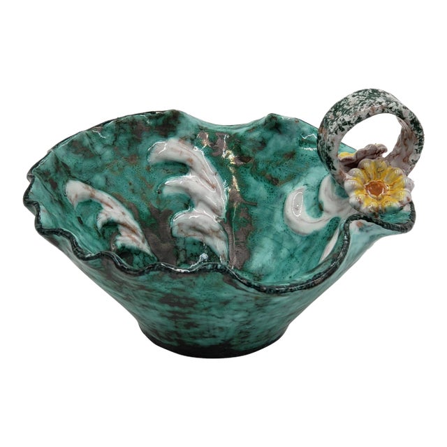 Vintage Hand-Crafted Italian Teal Pottery Basket/Bowl With Yellow Flowers For Sale