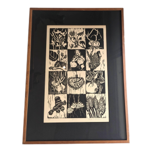 Vintage Framed Artist Signed "Herbs" Linocut Block Print