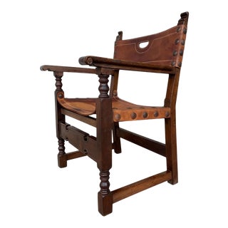 19th Century Spanish Colonial Throne Armchair with Leather For Sale