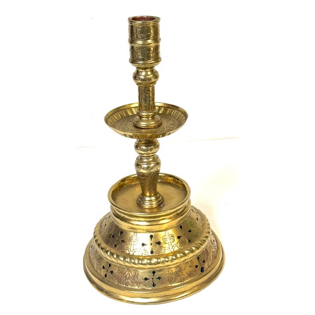 Large Dutch Baroque Engraved & Pierced Brass Chamber Candlestick Ventilated Base An exceptional and unusually engineered...