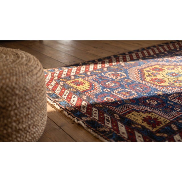 Textile 1920s Blue Geometric Antique Caucasian Rug 3'6" X 4'10" Handknotted Wool Carpet For Sale - Image 7 of 9