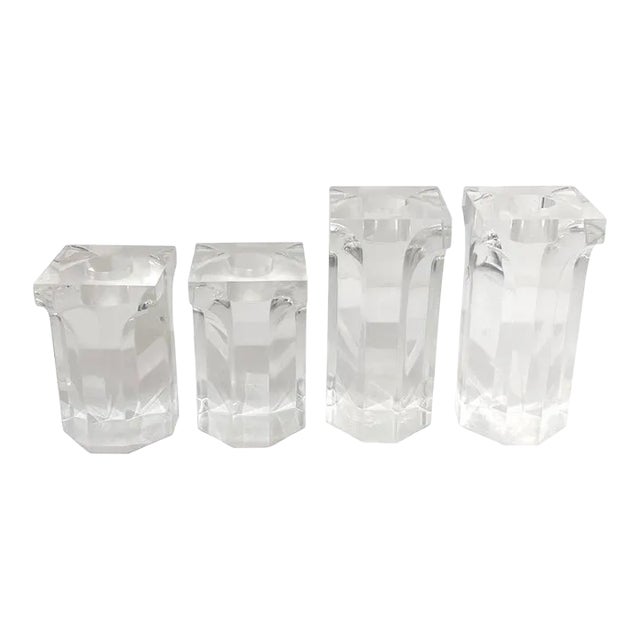 1970's Lucite Column Candle Holders in the Style of Charles Hollis Jones, Set/4 For Sale