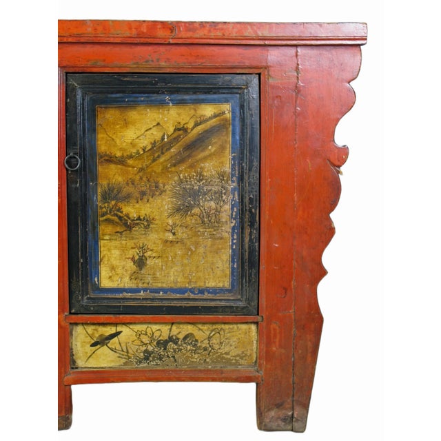 Late 19th Century Hand Painted 78" Long Red Gansu Sideboard Cabinet For Sale In Greensboro - Image 6 of 13