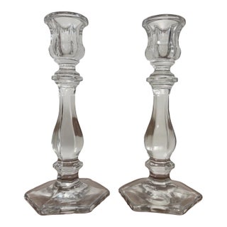 Vintage Pair Clear Glass Crystal Candlesticks 7.5" Hexagon Base Taper Holders For Sale