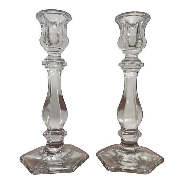 Vintage Pair Clear Glass Crystal Candlesticks 7.5" Hexagon Base Taper Holders For Sale