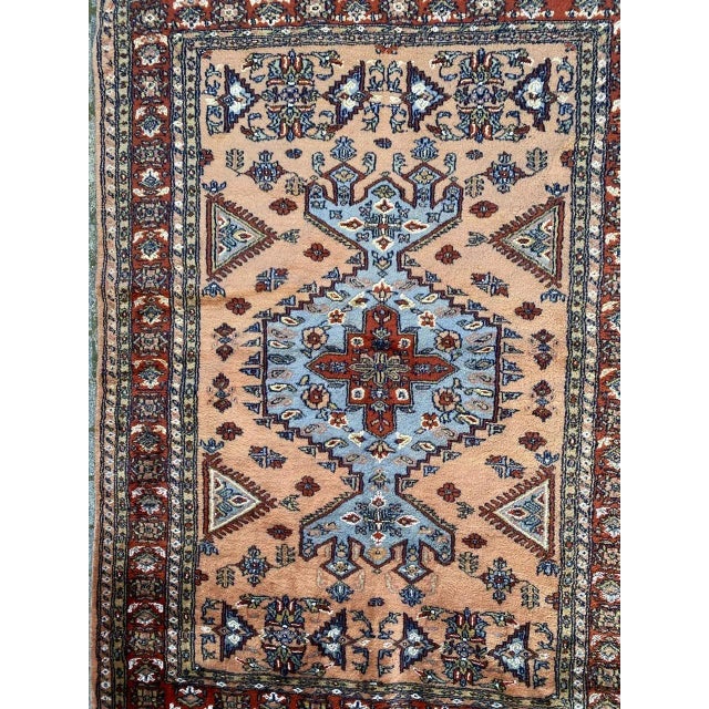Nice Mid-Century rug with beautiful geometrical design and nice colors, entirely hand knotted with wool velvet on cotton...