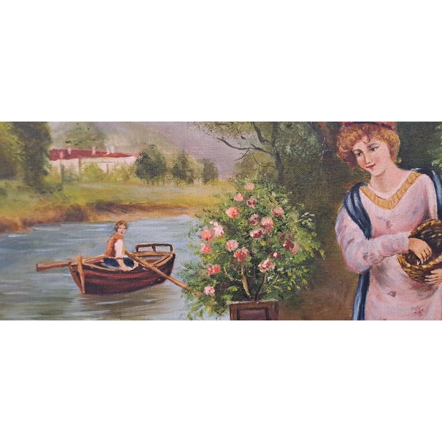 Romantic Scene with Lady and Swans on the River, Early 20th Century, Oil Painting on Canvas, Framed For Sale - Image 4 of 11