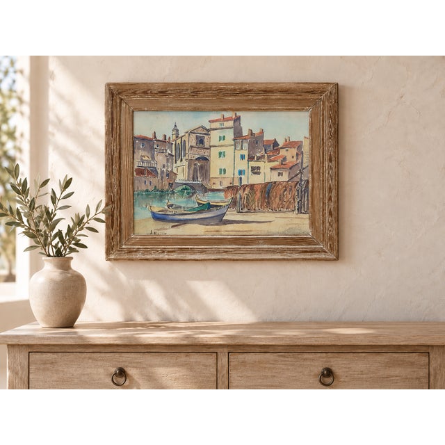 Vintage French watercolor depicting Martigues in Provence, Southern France, signed A. Bianne in the lower left. Painted on...