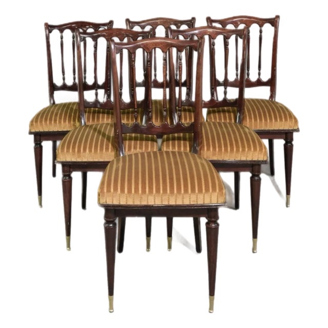 Set of 5 French NF-Certified Regency-Style Mahogany Dining Chairs, Mid 20th Century, Reupholstered in Gold Striped Velvet For Sale