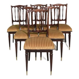 Set of 6 French NF-Certified Regency-Style Mahogany Dining Chairs, Mid 20th Century, Reupholstered in Gold Striped Velvet For Sale