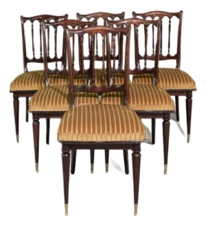 Set of 6 French NF-Certified Regency-Style Mahogany Dining Chairs, Mid 20th Century, Reupholstered in Gold Striped Velvet