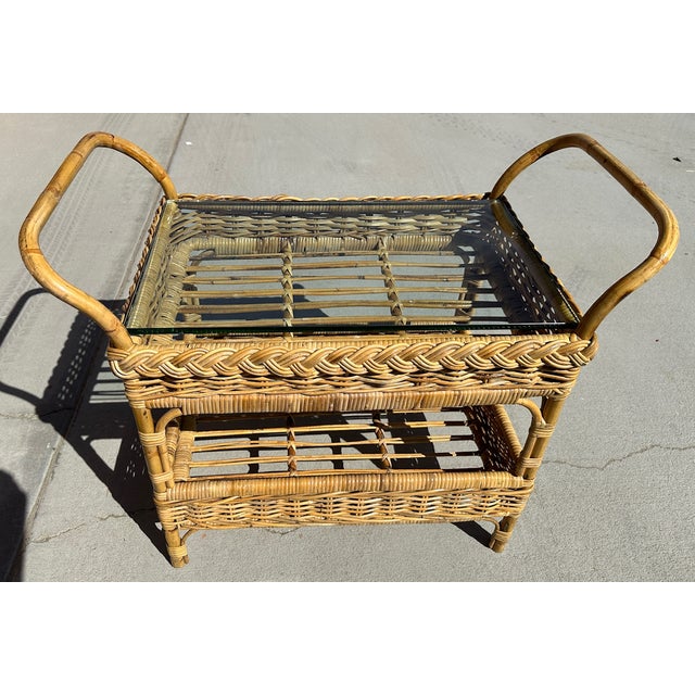 Coastal Michael Taylor Style Woven Rattan Bar Cart W/Drink Holder For Sale - Image 10 of 11