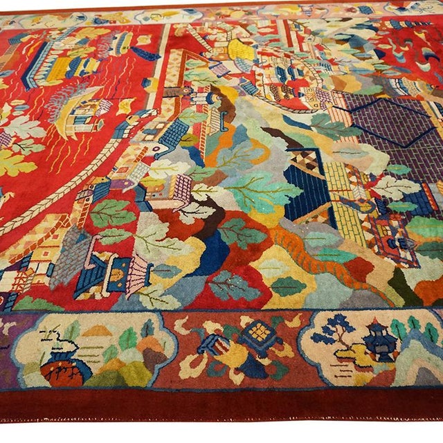 1920s Red Landscape Scene Antique Chinese Art Deco Rug 9'x11' 9" Nichols Workshop Carpet For Sale In New York - Image 6 of 12