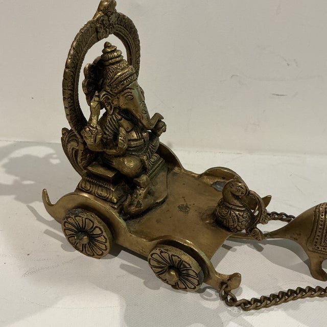 Metal 1980s Brass Lord Ganesha Bhagwan Idol Ganpati Statue Sitting on Mouse Driven Chariot For Sale - Image 7 of 10