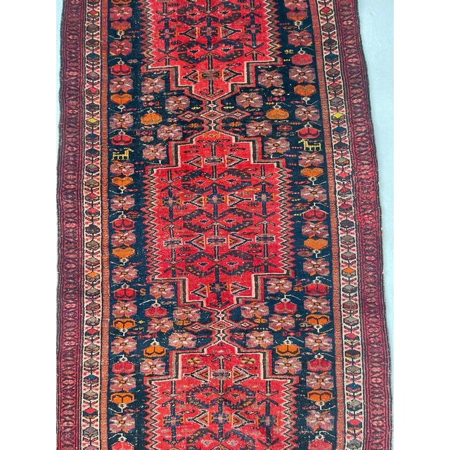 Mid 20th Century Yellow Goats & Horses with Wine, Ruby & Charcoal-Blue Shrubs and Flora Rug 4 x 17 For Sale - Image 4 of 14