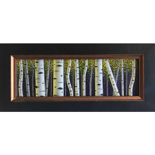 This artwork presents a vibrant forest scene, where tall, white birch trees stand prominently against a backdrop of richly...