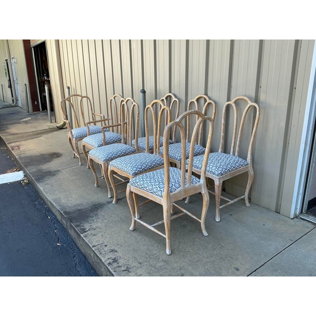 Gustavian Style Cerused Dining Chairs in New Blue & White Linen Set of 8 For Sale - Image 12 of 15