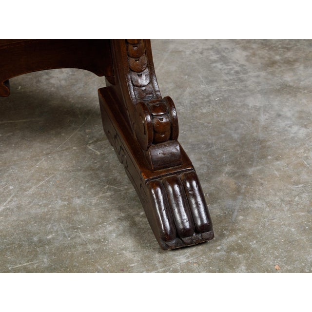 Italian 19th Century Walnut Hall Bench with Carved Back and Large Volutes For Sale - Image 9 of 12