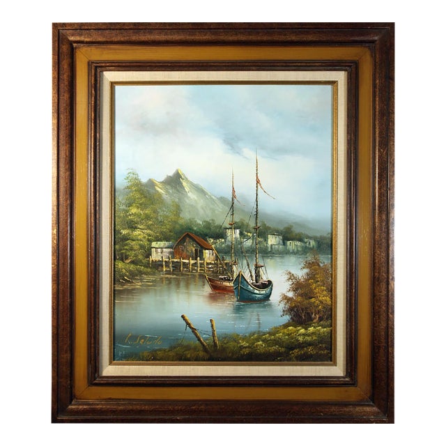 Vintage Signed L. Salcido Oil Painting Harbor Sailboats Framed Seascape For Sale