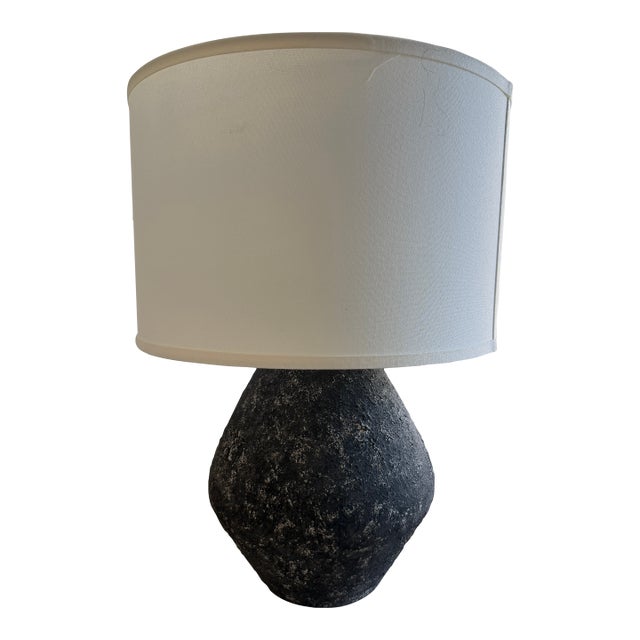 1960s Sculptural Charcoal Ceramic Table Lamp With Linen Shade For Sale