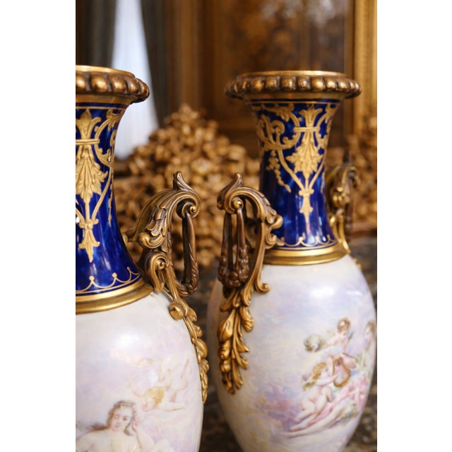 1850s Sevres Louis XVI Blue Bronze Porcelain Vases - Pair For Sale - Image 16 of 18