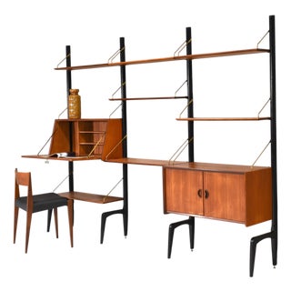 Wall Unit in Teak and Brass by Louis van Teeffelen for Wébé, Netherlands, 1950s, Set of 13 For Sale
