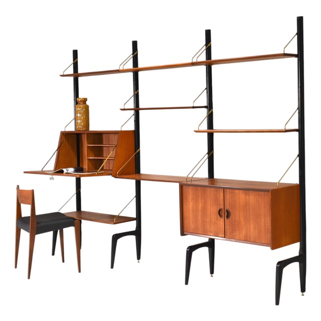 Wall Unit in Teak and Brass by Louis van Teeffelen for Wébé, Netherlands, 1950s, Set of 13 For Sale
