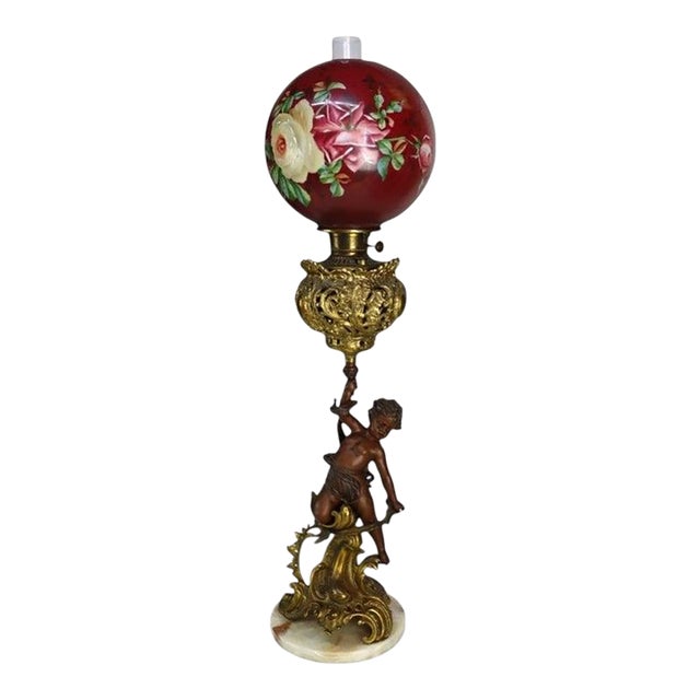 19th Century Bradley & Hubbard Victorian Brass, Bronze, Marble & Glass Figural Oil Lamp For Sale