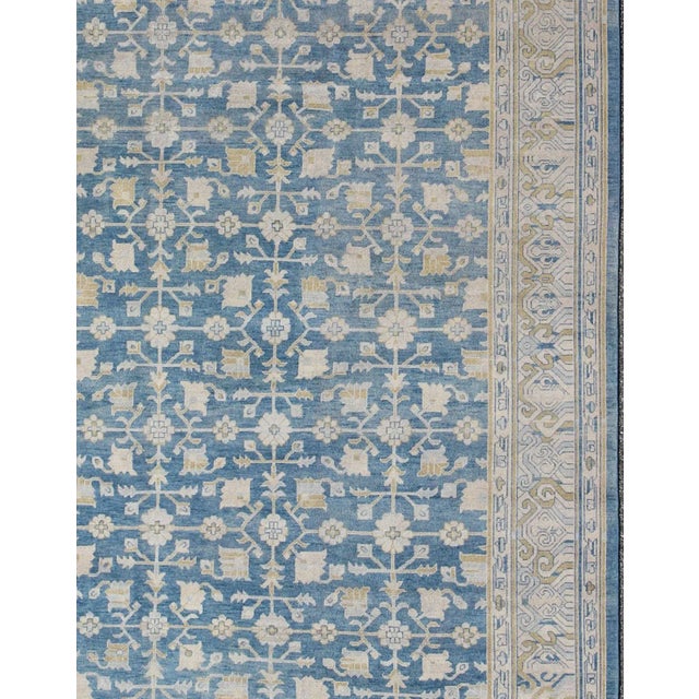Traditional Khotan Design Rug With All-Over Sub-Geometric Pattern in Blue, Tan & Gold For Sale - Image 3 of 7