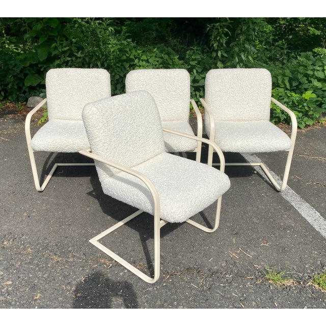 Metal Milo Baughman Thayer Coggin Cantilever Dining Chairs Barbara Barry Boucle Fabric For Sale - Image 7 of 12
