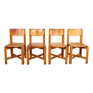 Dining Chairs in Beech & Cognac Leather by Pierre Chapo, 1960s, Set of 4 For Sale