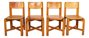 Dining Chairs in Beech & Cognac Leather by Pierre Chapo, 1960s, Set of 4