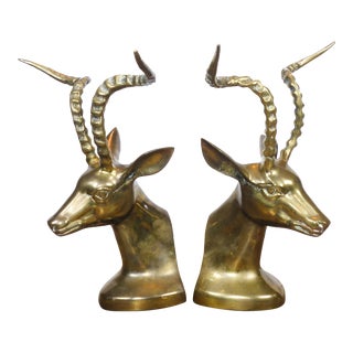 Vintage Mid Century Brass Gazelle Bookends - a Pair For Sale