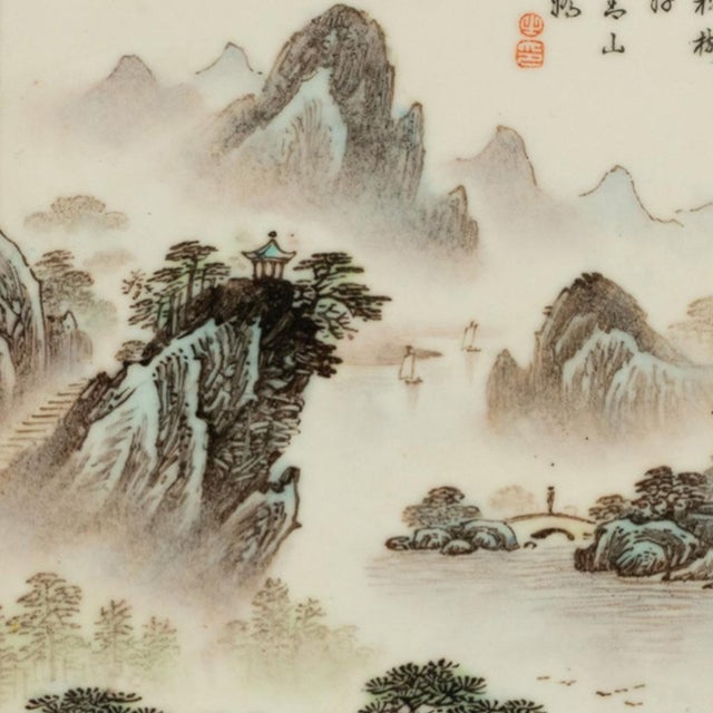 Pair Antique Chinese Republic Period Hand Painted Porcelain Hongmu Plaques 1920 For Sale - Image 9 of 12