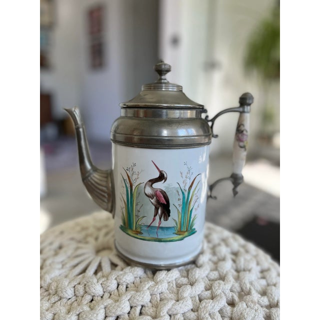 Antique Manning, Bowman & Co Painted Heron Enamel & Pewter Coffee Pot, Late 1800s For Sale - Image 10 of 11